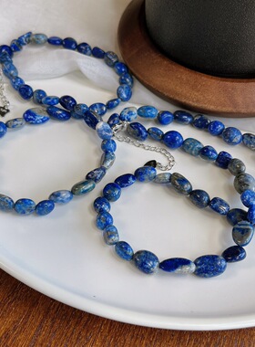 天然青金石随形项链 复古小众设计感不规则石珠颈链 文艺气质百搭