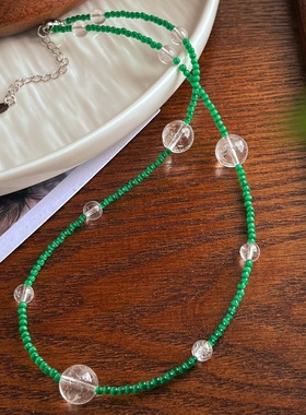 人造绿色猫眼石白水晶清新撞色满天星锁骨链颈链夏日百搭仙气首饰