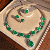 天然高冰绿玉髓豪华镶嵌项链耳钉戒指套装 三件套配礼盒母亲节好礼