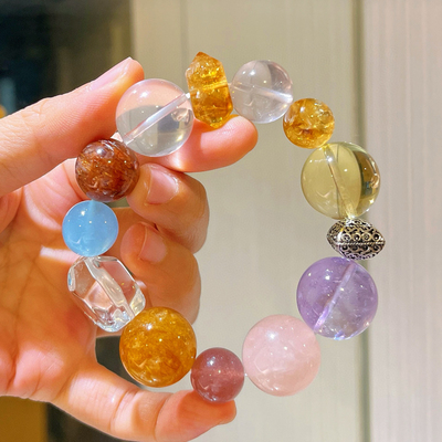 925银12-19mm高品质天然海兰宝紫水晶柠檬黄白水晶黑金超手链手串