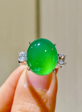 国风复古高品质帝王绿玉髓玛瑙戒指手饰925银镶气质大方媲美翡翠