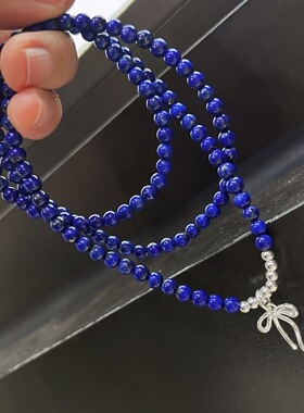 天然青金石多圈手链 925银蝴蝶结吊坠 复古显白手串 女款小众设计