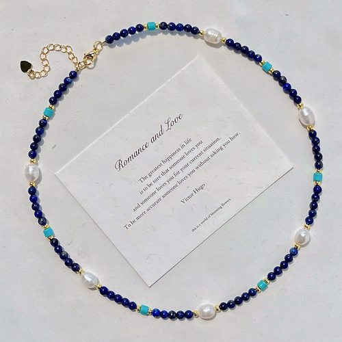 夏日多巴胺穿搭串珠项链天然青金石珍珠项链锁骨链 度假风叠戴