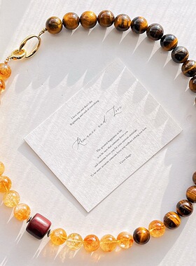 虎眼石黄水晶拼接项链 小众设计感朱砂锁骨链 轻奢高级感秋冬颈链