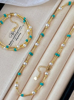 欧美复古做旧波西米亚风ins人造绿松石珍珠编织串珠叠戴项链女