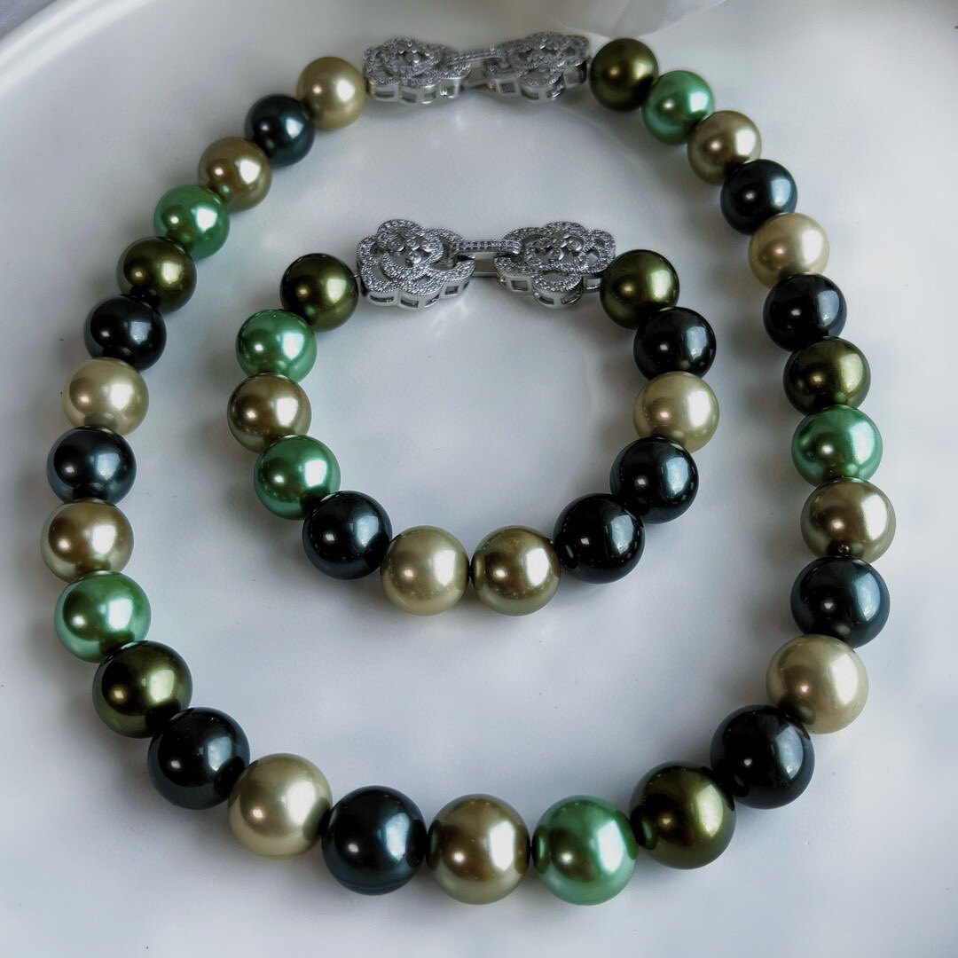 高品质定制莫兰迪混彩天然贝珠珍珠项链女小众 超大14mm山茶花扣