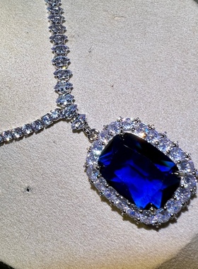 气质名媛风仿真斯里兰卡蓝宝石大方块项链晚装链宴会套链闪耀