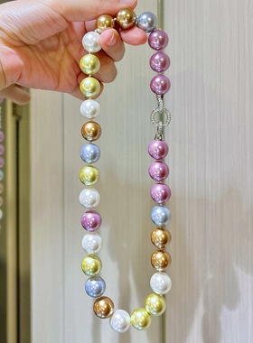 14mm新配色高品质大颗粒正圆粉绿人造水晶珍珠项链锁骨链欧美范