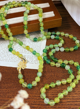 天然苹果绿色绿玉髓项链双层玛瑙长链毛衣链 可叠戴 复古中国结扣