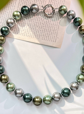 16mm大颗法式轻奢复古大溪地莫兰迪混彩人造水晶珍珠锁骨链毛衣链