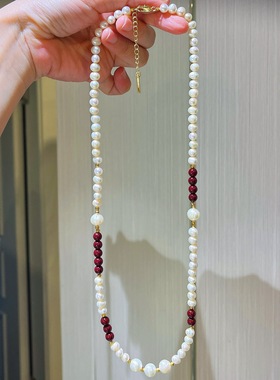 5-6mm复古精品天然淡水珍珠仿朱砂毛衣链多种戴法项链本命年