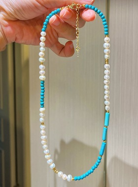 复古秋冬天然淡水珍珠仿绿松石手链项链套装原创设计蓝白撞色
