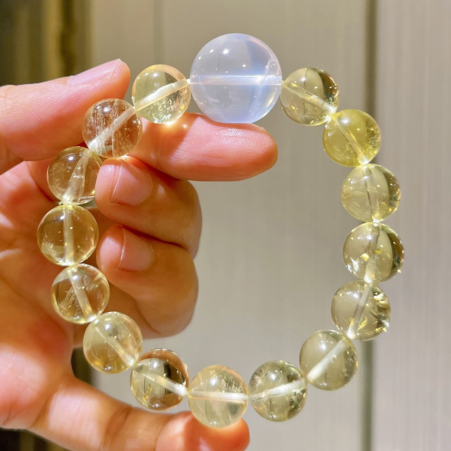 小众设计11mm天然柠檬黄水晶巨大18mm乳白水晶单圈手链手串女款