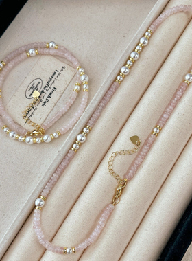 天然粉晶项链混搭小米珠人造珍珠锁骨链新中式国风个性小众设计
