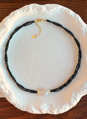 人造黑色小米珠叠戴项链 巴洛克珍珠吊坠轻奢气质百搭锁骨链女