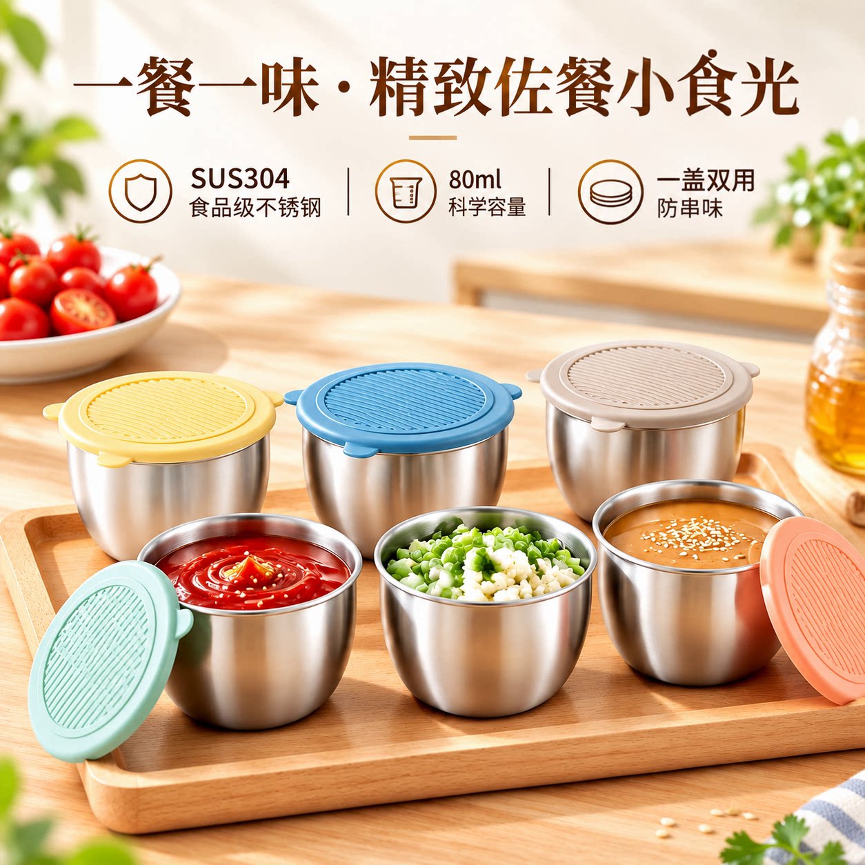 304不锈钢迷你蘸料小碗带盖家用番茄沙拉盒酱汁杯便携餐具调味碟