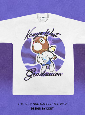 Kanyewest 辍学熊 侃爷 印花短袖T恤嘻哈宽松Rap美式街头涂鸦宽松