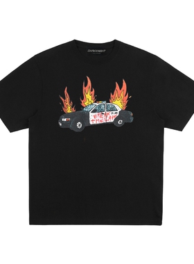 原创警车火印花潮牌嘻哈圆领黑色短袖纯棉T恤男情侣重磅宽松美式