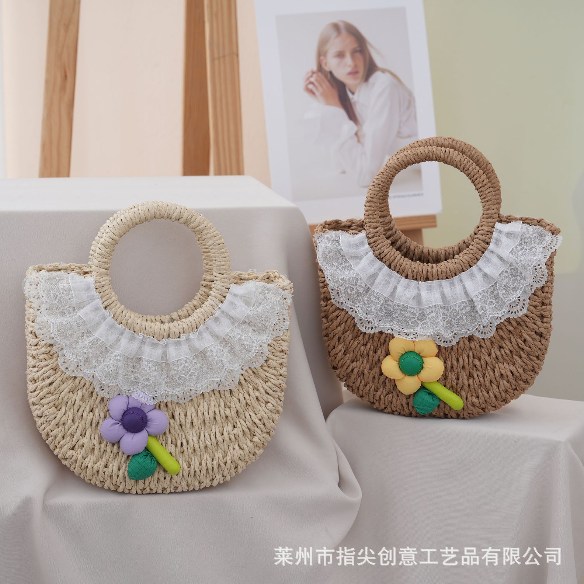 夏季草编手工半圆月亮度假女包