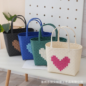 撞色爱心菜篮子手工编织大容量