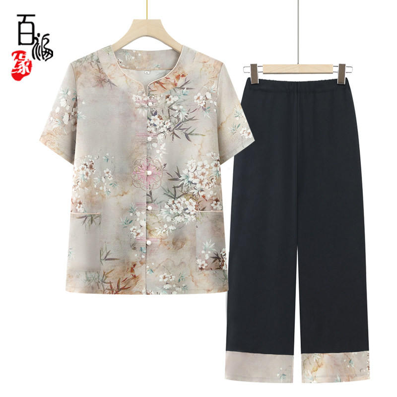 老年人女夏装短袖套装奶奶装衣服