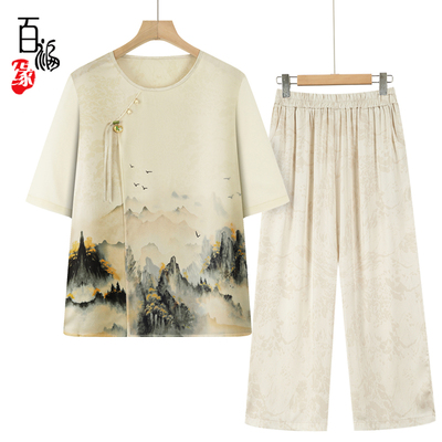 老年人夏装女奶奶七分袖T恤套装