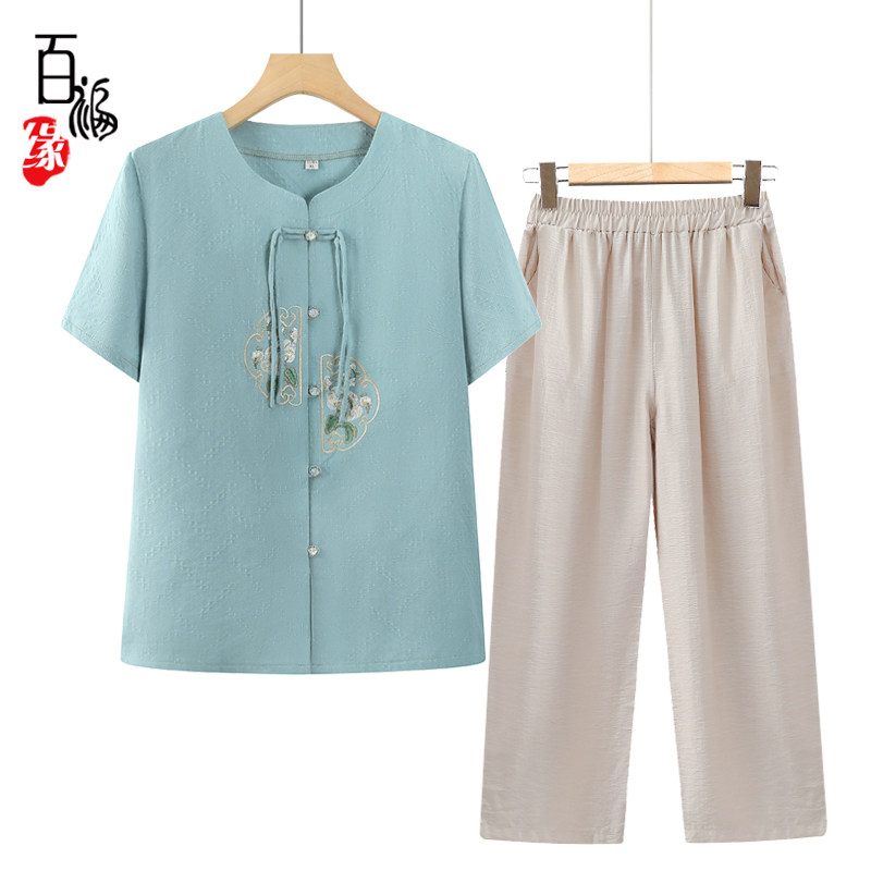 中老年人夏装棉麻衬衫女奶奶套装