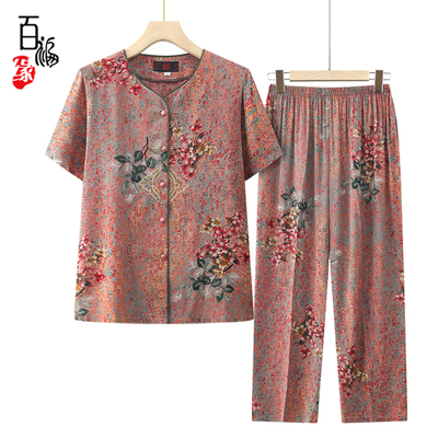老太太夏装短袖套装老年人夏季女