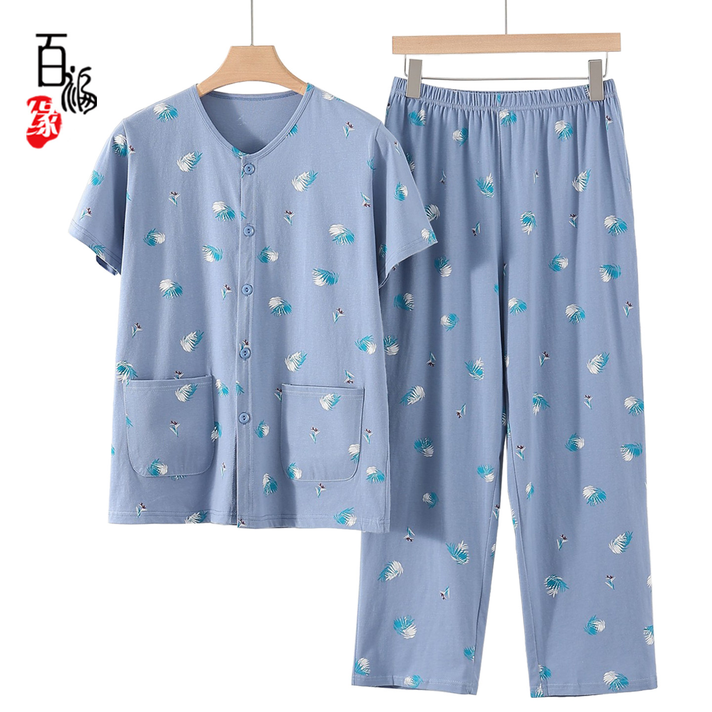 奶奶夏装短袖纯棉套装女妈妈衬衫