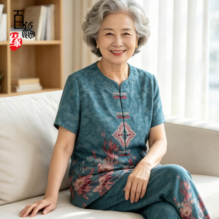 中老年人夏装短袖开衫70岁80妈妈宽松衬衣奶奶装老人太太两件套装
