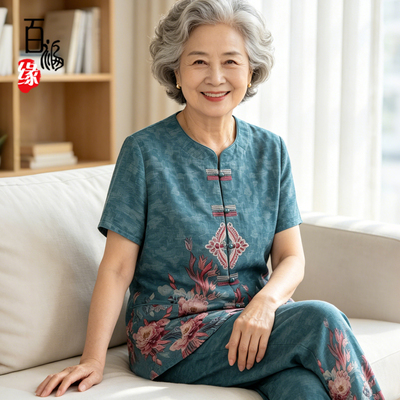 中老年人夏装短袖开衫70岁80套装