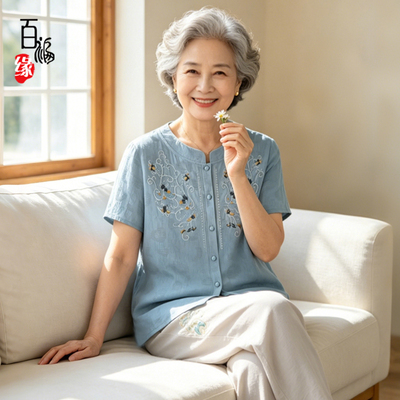 中老年人夏季女奶奶短袖棉麻套装