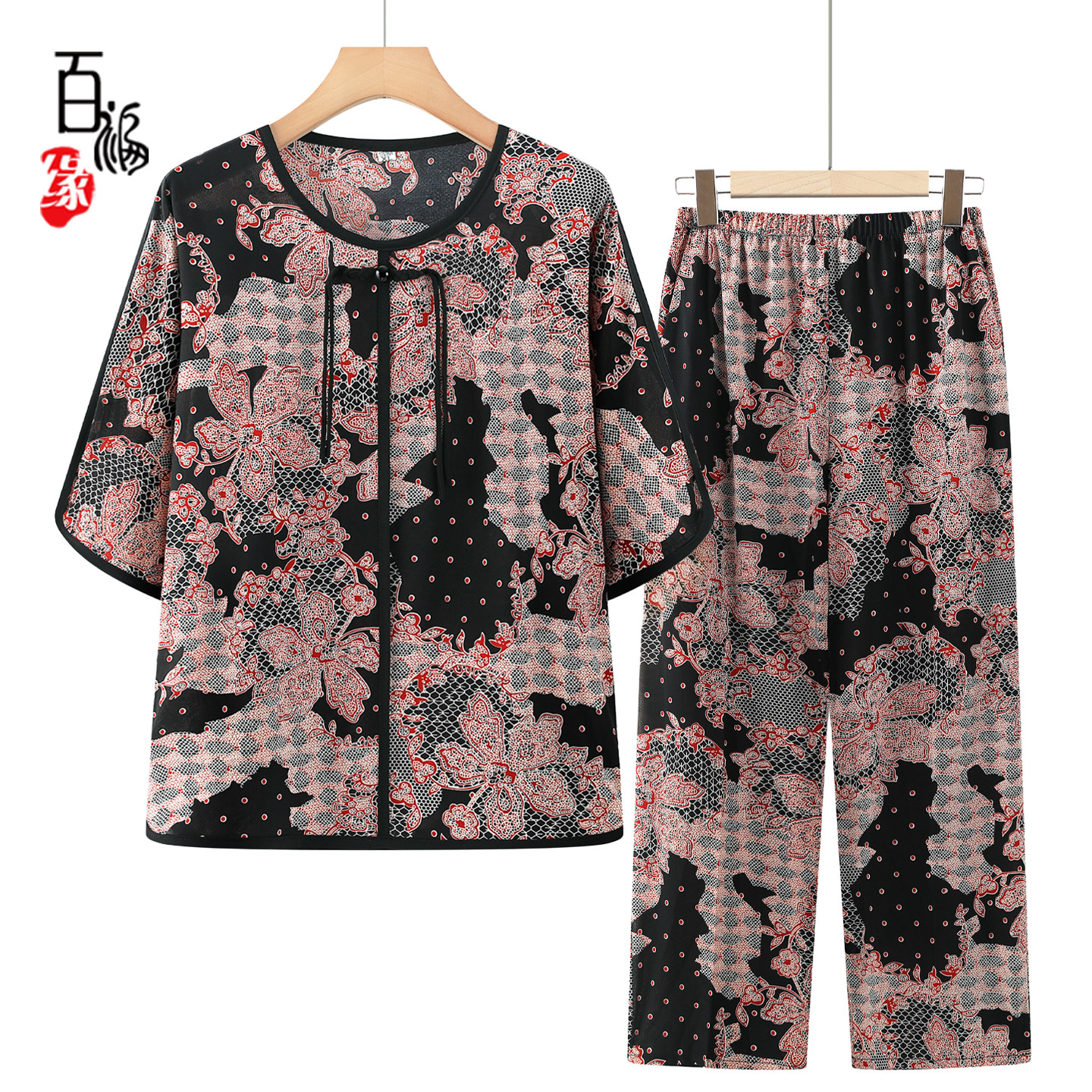 中老年人夏装中袖T恤套装女奶奶