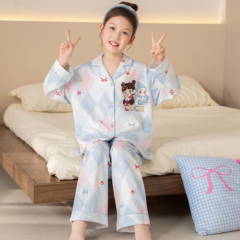 儿童睡衣翻领开衫春秋长袖公主卡通女孩中大童休闲薄款家居服套装,女士内衣/男士内衣/家居服,睡衣/家居服套装,淘宝优惠券,粉丝福利购,淘宝优惠卷