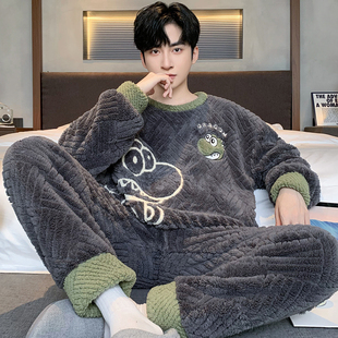 珊瑚绒加厚加绒法兰绒 宿舍家居服套装 睡衣男秋冬季 高初中学生大码