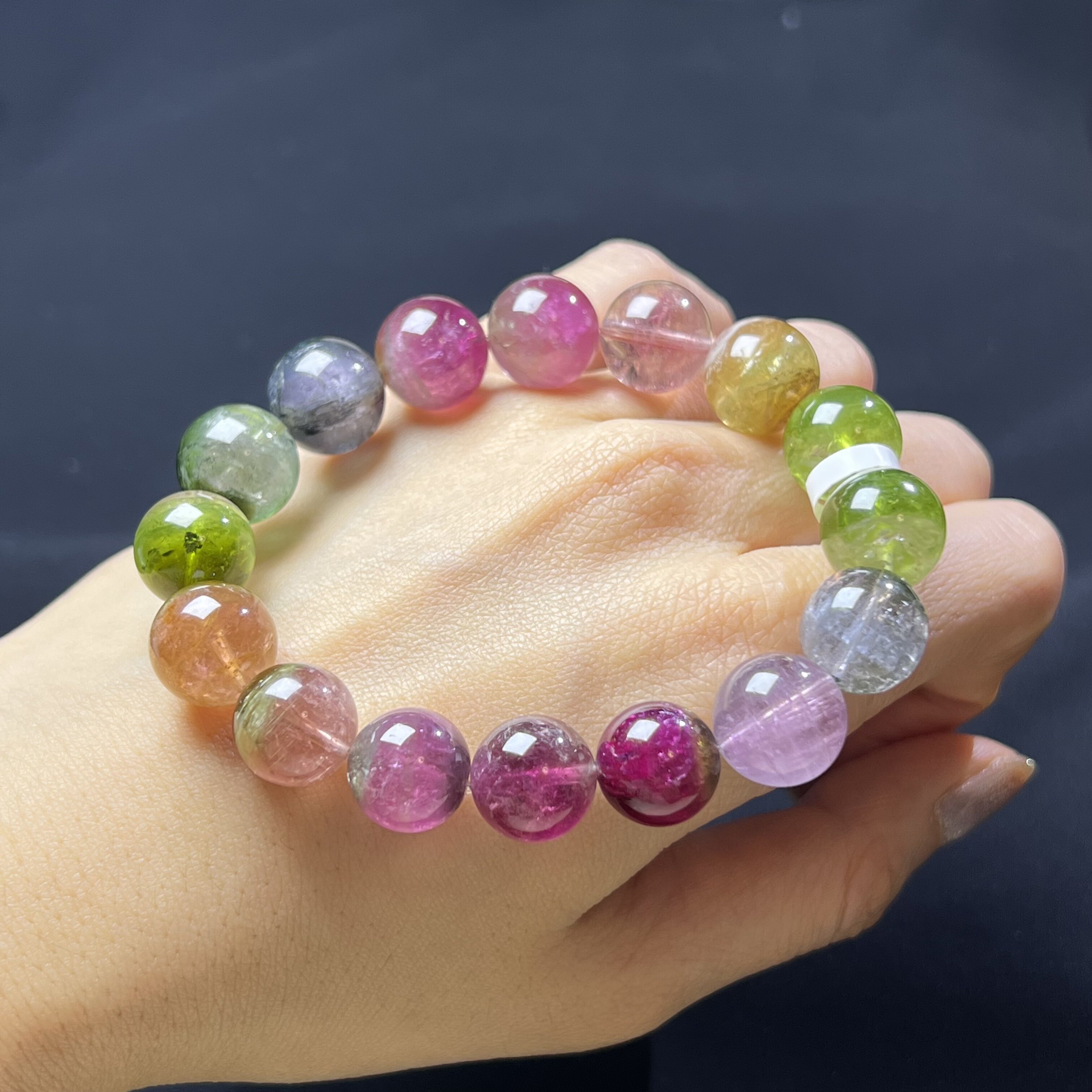 稀有阿富汗彩虹西瓜碧玺双色旺夫石手链手串女士12.5mm