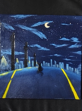 手绘星空夜城猫咪油画小尺寸装饰画卧室客厅桌面摆件ins风艺术画