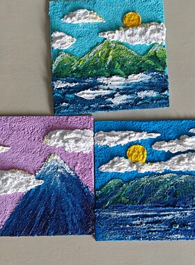 手绘丙烯立体画风景画蓝色天空配雪山层次分明画面大气无框摆件