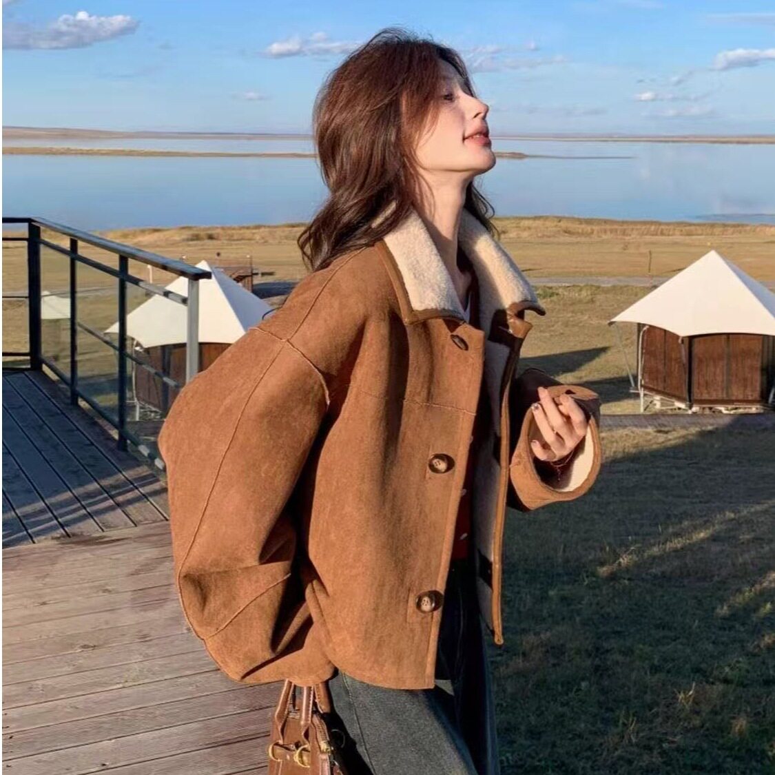 双面穿仿鹿皮绒上衣女秋冬202短外套