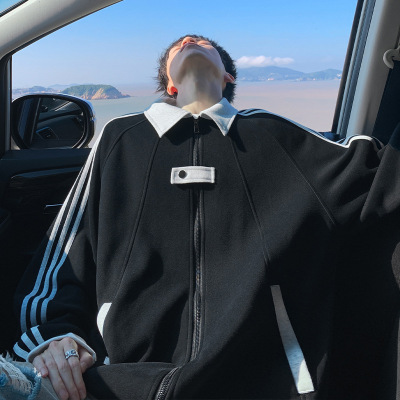 撞色条纹开衫卫衣男款春秋宽松青少年翻领衣服潮牌美式棒球服外套