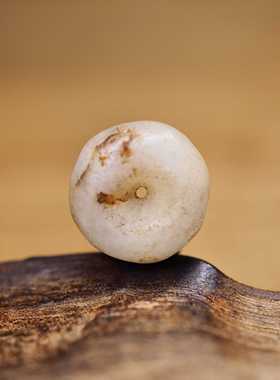 西亚千年白色玛瑙切片珠车轮古珠11.5x6.1 研磨孔 有裂 包老保真