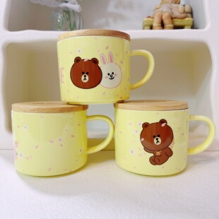 原单布朗熊可妮兔卡通陶瓷奶黄色马克杯情侣闺蜜杯带木盖 包邮