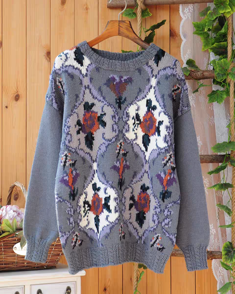 纯羊毛复古提花灰色手工毛衣女 宫廷风花朵绣花宽松针织套头衫