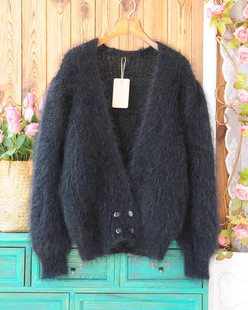 秋冬长马海毛黑色开衫深V领宽松加厚保暖外套 气质慵懒风针织毛衣