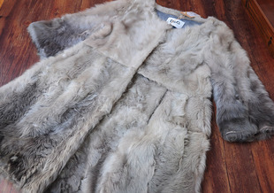 A意大利高端大牌 优雅气质渐变色真皮草五分袖开衫外套中长款大衣