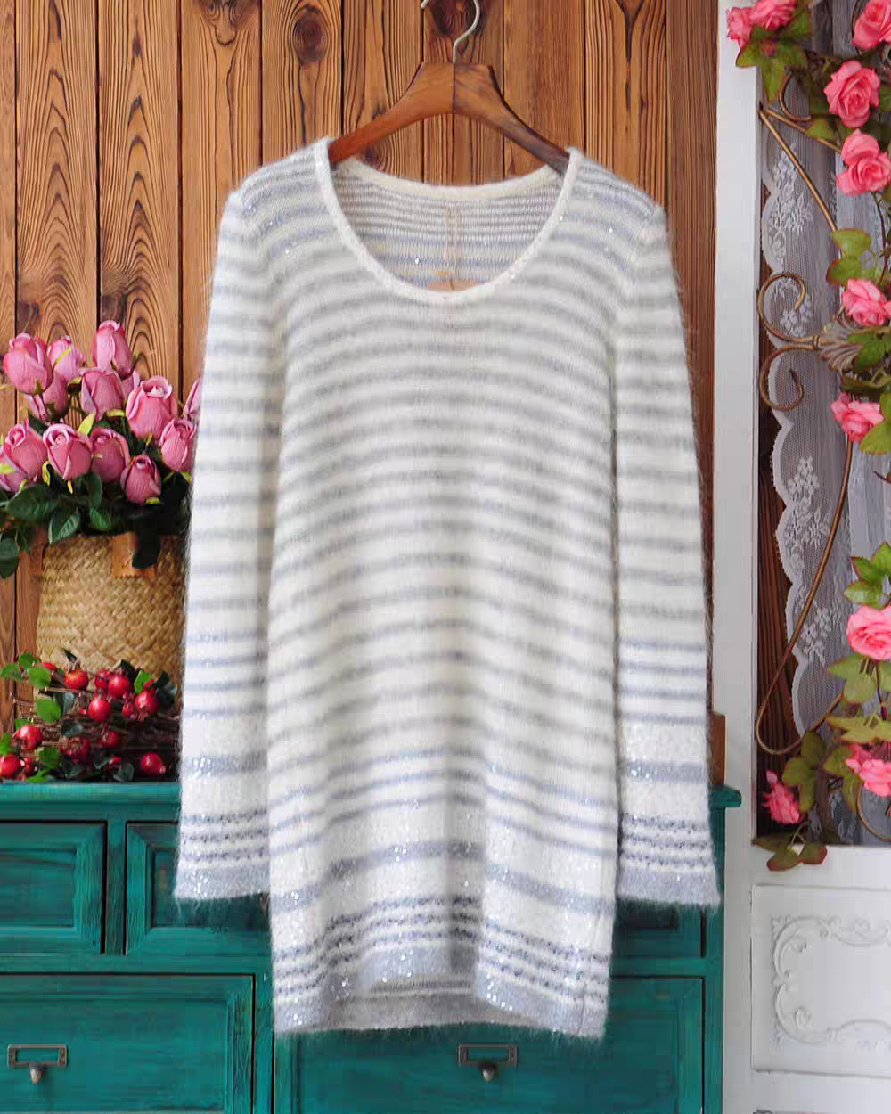 日系马海毛亮片条纹毛衣 宽松中长圆领针织甜美气质套头秋冬打底