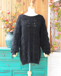 文艺复古森系毛衣 高端细柔长马海毛镂空宽松中长套头外穿针织衫