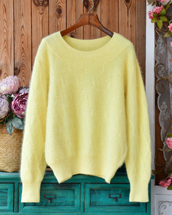 温柔风嫩黄色安哥拉兔毛毛衣 复古绞花宽松显瘦软糯针织套头上衣
