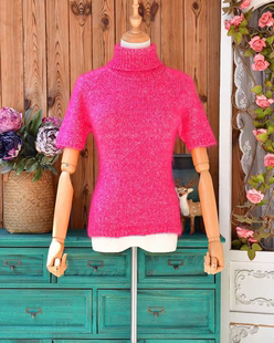 玫粉色高领马海毛短袖毛衣女 安哥拉山羊毛秋冬复古小众显白上衣