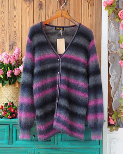 高品质渐变条纹马海毛山羊毛开衫 日系复古文艺V领宽松毛衣女外套